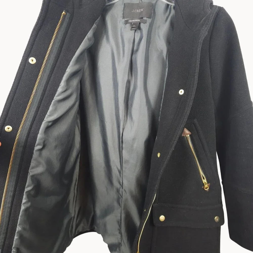 J.Crew Womens 2 Italian Wool Hooded Tailored Coat Black Lined Gold Accents Warm - Picture 8 of 15